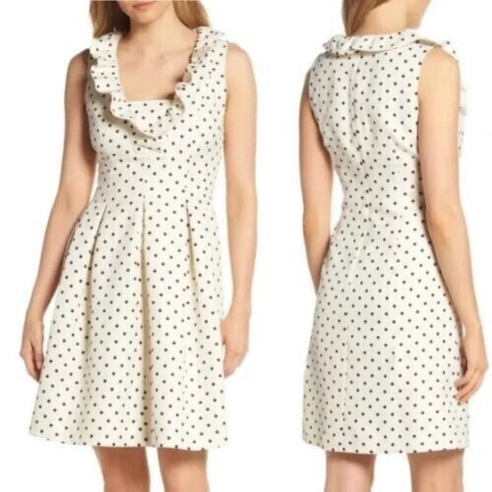 HARPER ROSE MS SIZE 12 IVORY METALLIC BLACK POLKA DOT FIT AND FLARE DRESS